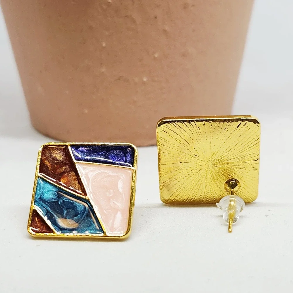 Multicolor Geometric Mosaic Enamel Stud Earrings Gold Tone Square Art Deco Style